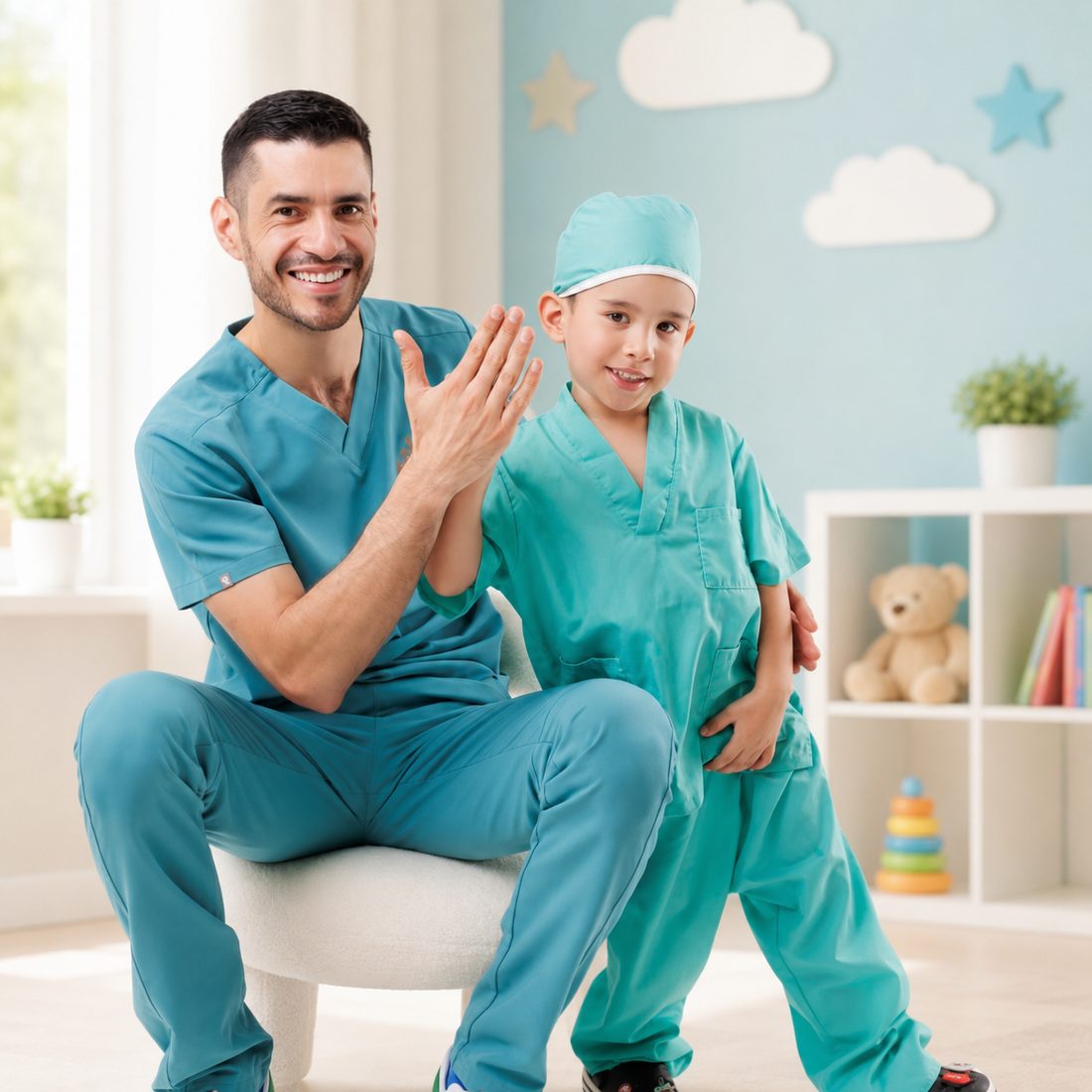 Pediatra atendiendo a un niño feliz